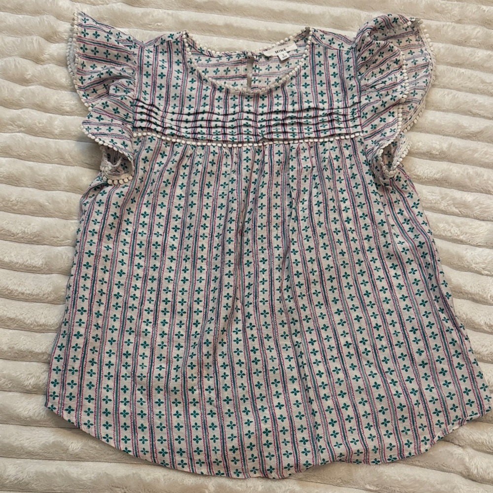 mine Light Pink Top with Green Floral Stripe and Flutter Sleeves